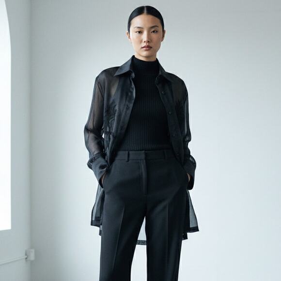 90s vintage black silk minimalist sheer organza emboidered tunic shirt blouse - Picture 9 of 10